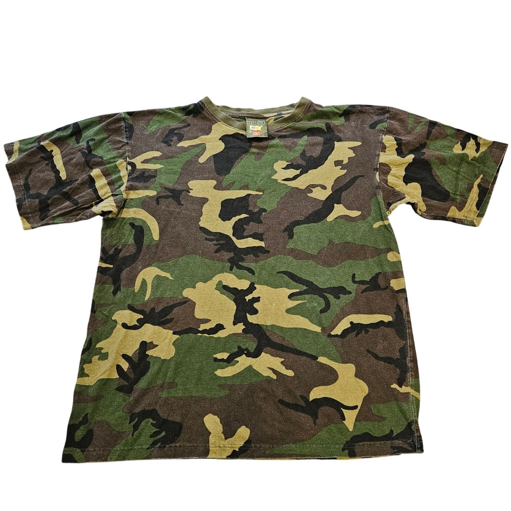 Nucci Mens Camo T-Shirt Large Green Brown Woodland Camouflage 100% Cotton Tee
